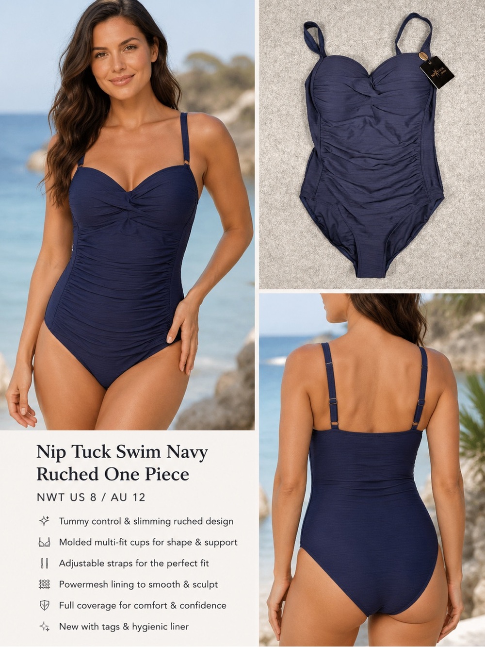 Nip Tuck Swim Navy Ruched One Piece Swimsuit NWT US 8 AU 12 Tummy Control